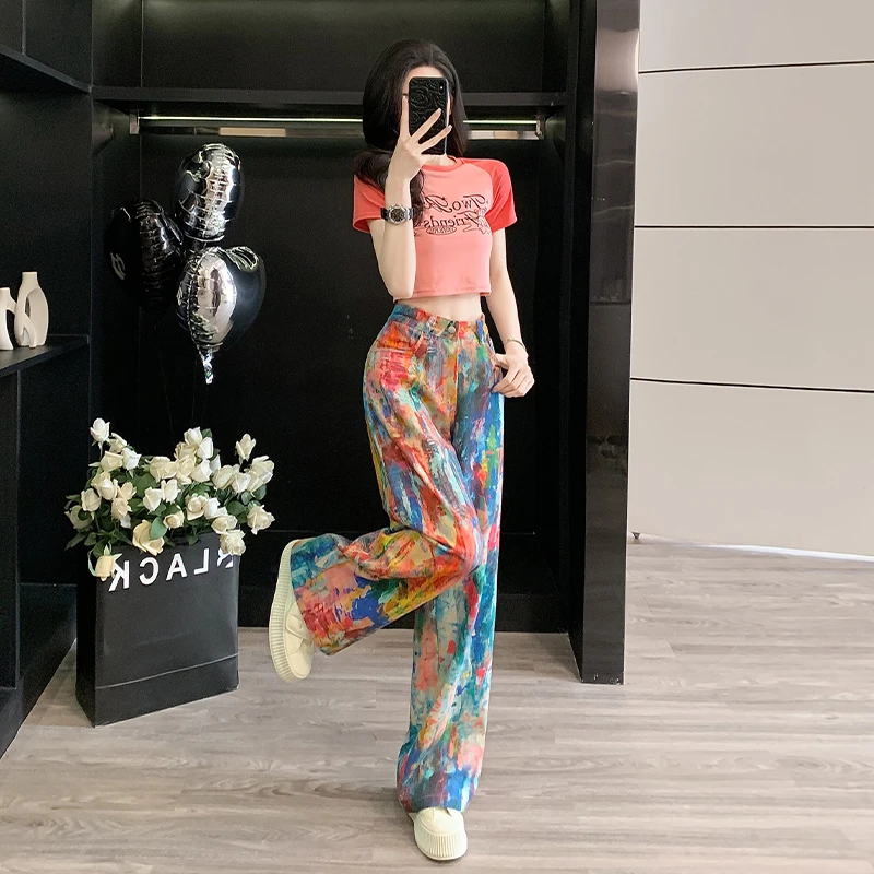 高街设计感泼墨油画牛仔裤女2025春季新款修身短款短袖上衣套装女