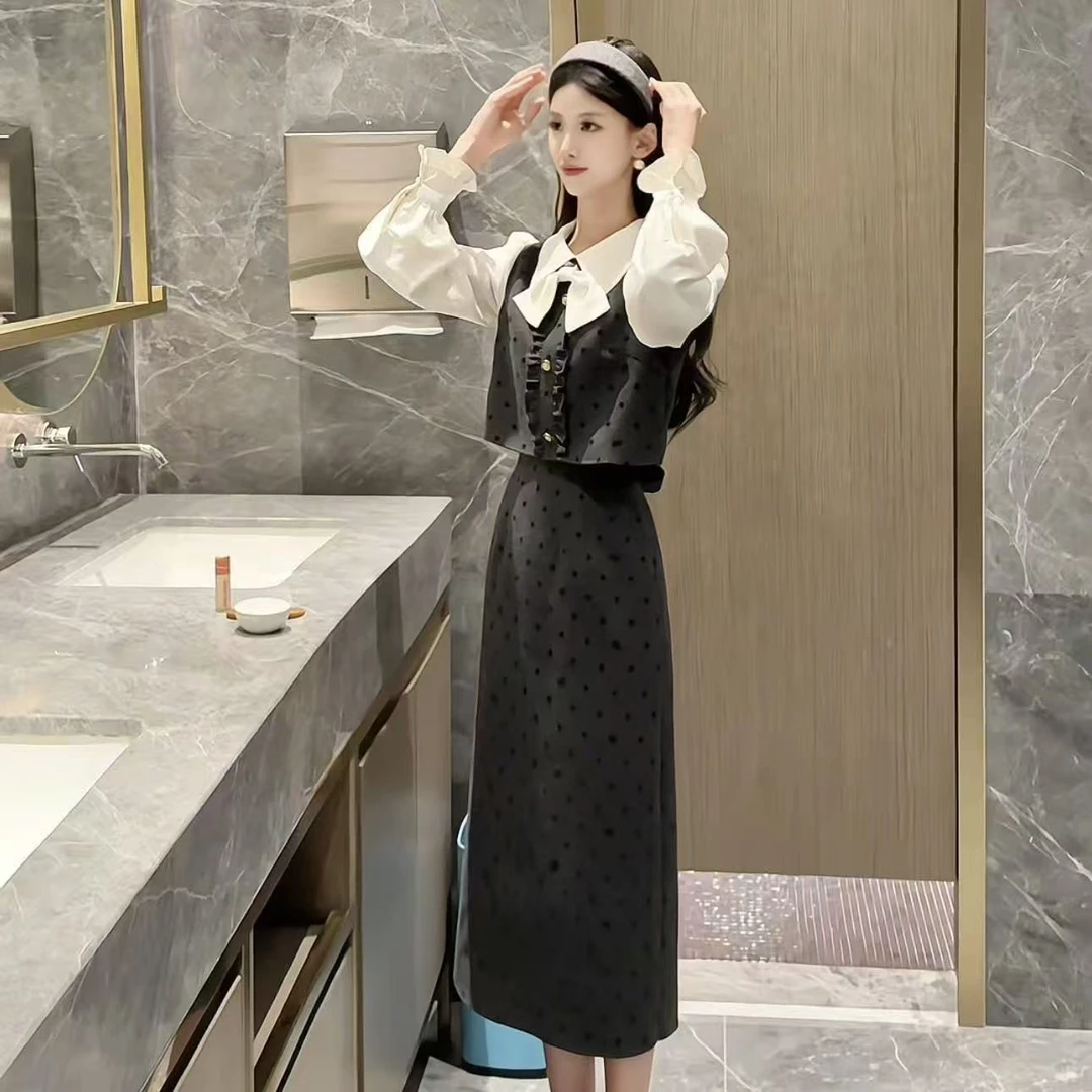 拉夏贝尔2025年初秋新法式时尚修身小香风假两件连衣裙 10621 LSC