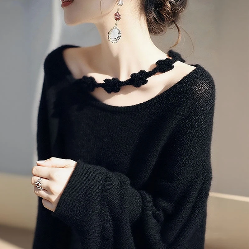 黑色软糯针织衫女慵懒高级感2025新款薄款韩系氛围感早秋穿搭上衣