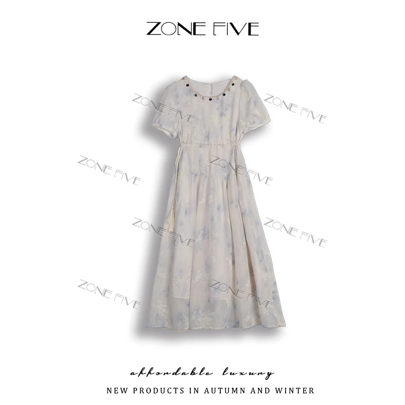 【zonefive】夏季新款韩系简约时尚泡泡袖重工刺绣连衣裙2211