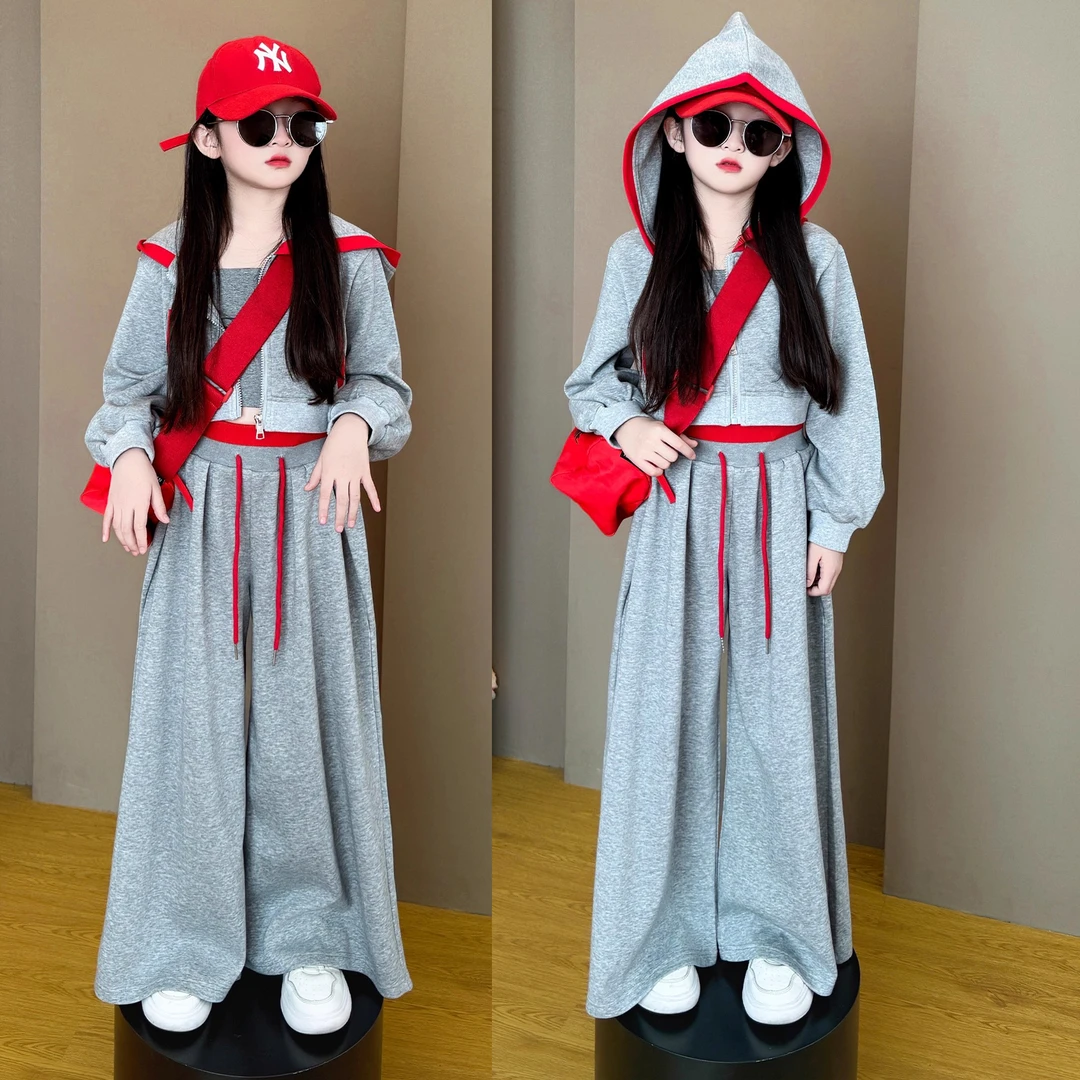 女童休闲时尚假春秋套装2025早秋女孩新款连帽运动洋气韩系套装潮