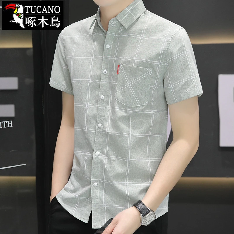啄木鳥新款衬衫男短袖夏季时尚韩版修身男士衬衣格子免烫薄款潮