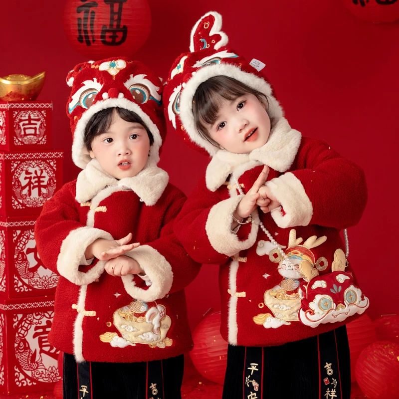 女童拜年服冬季加厚儿童过年服喜庆汉服宝宝新年衣服套装过年唐装