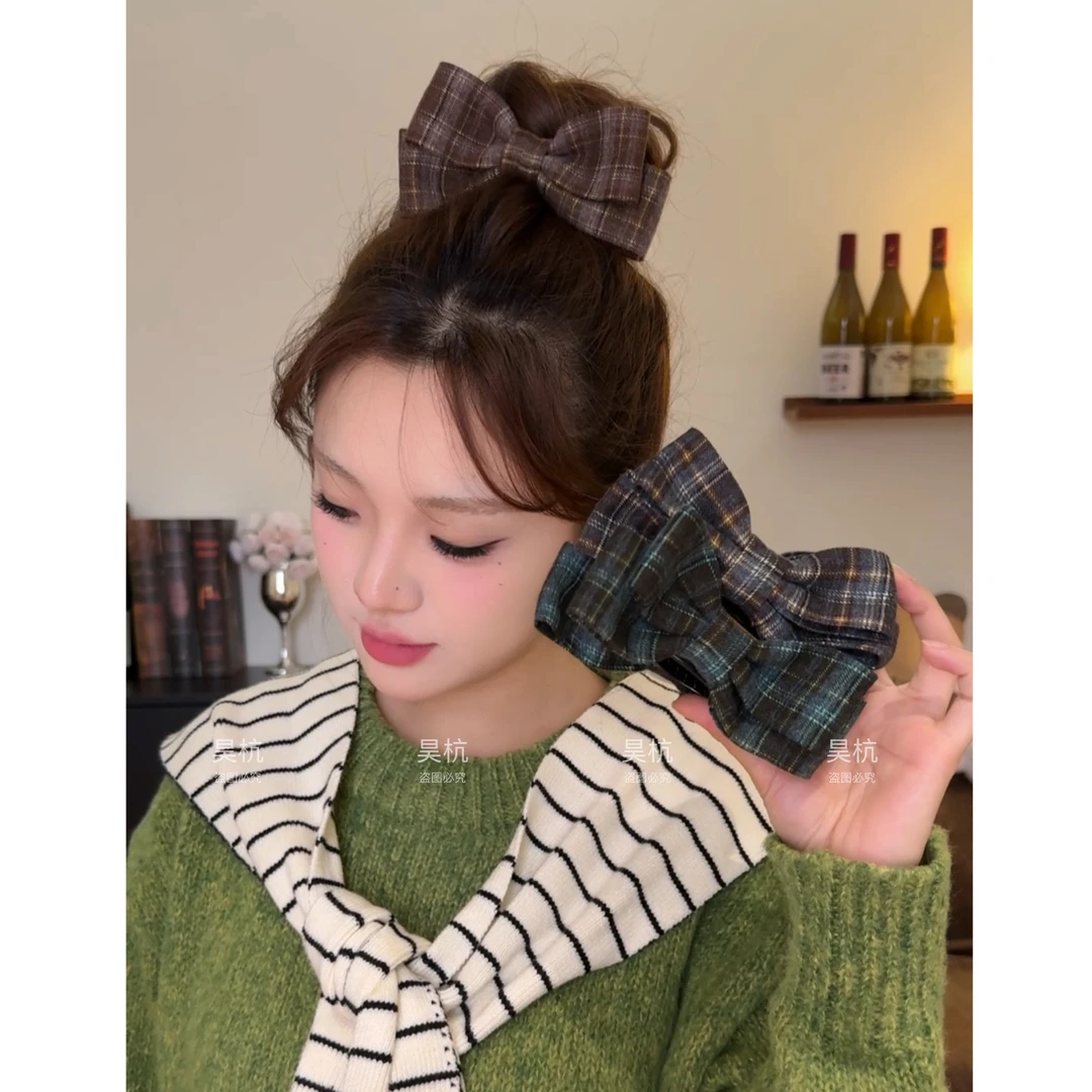 森系蔷薇！格纹织带蝴蝶结丸子夹少女横夹美拉德丸子头神器发夹