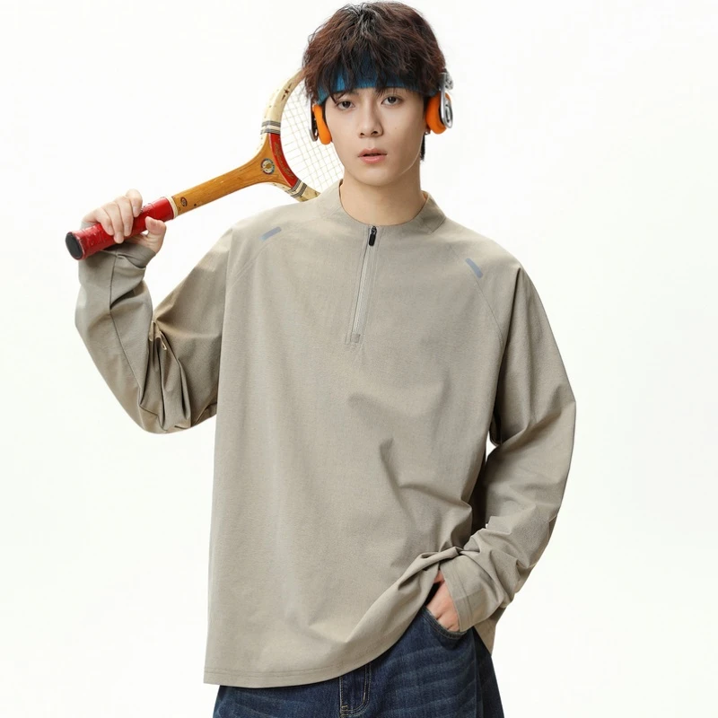 美式300斤特大码户外运动痞帅长袖T恤初秋男女半拉链洋气潮酷上衣
