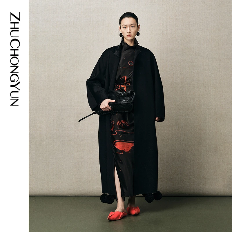 ZHUCHONGYUN2025冬新款宽松戗驳领大衣腰间调节绑带外套C1FZ4301D
