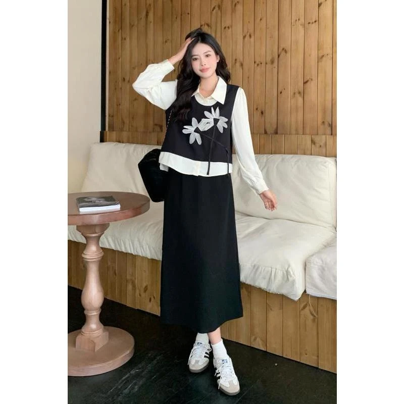 大码女装独特绝美套装裙秋季假两件上衣胖遮肉显瘦半身裙两件套