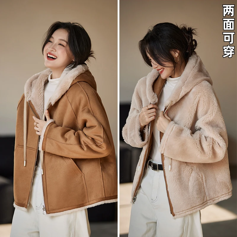 CCOGGO/初格【两面可穿】连帽拉链休闲羊毛颗粒外套冬季HLB779