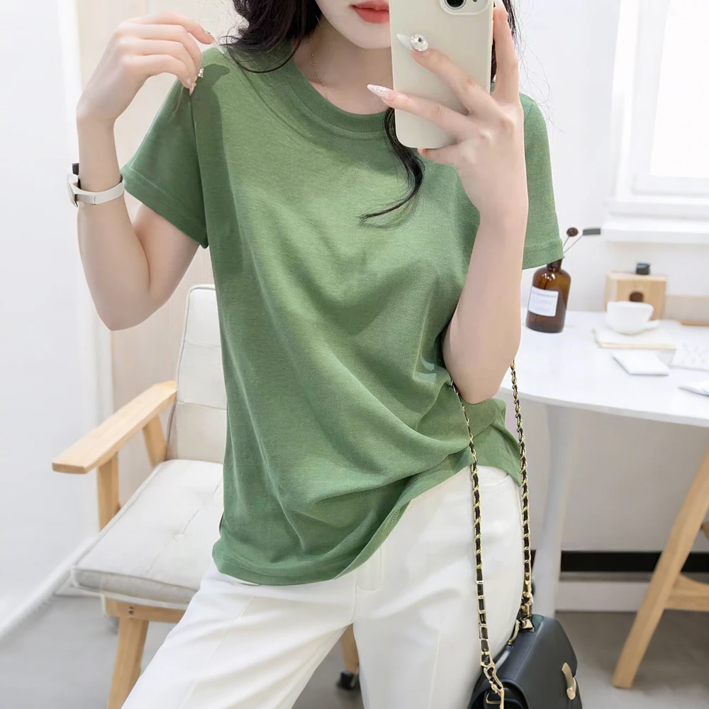 夏季新款简约T恤女式宽松显瘦圆领基础款棉质减龄短袖打底衫上衣