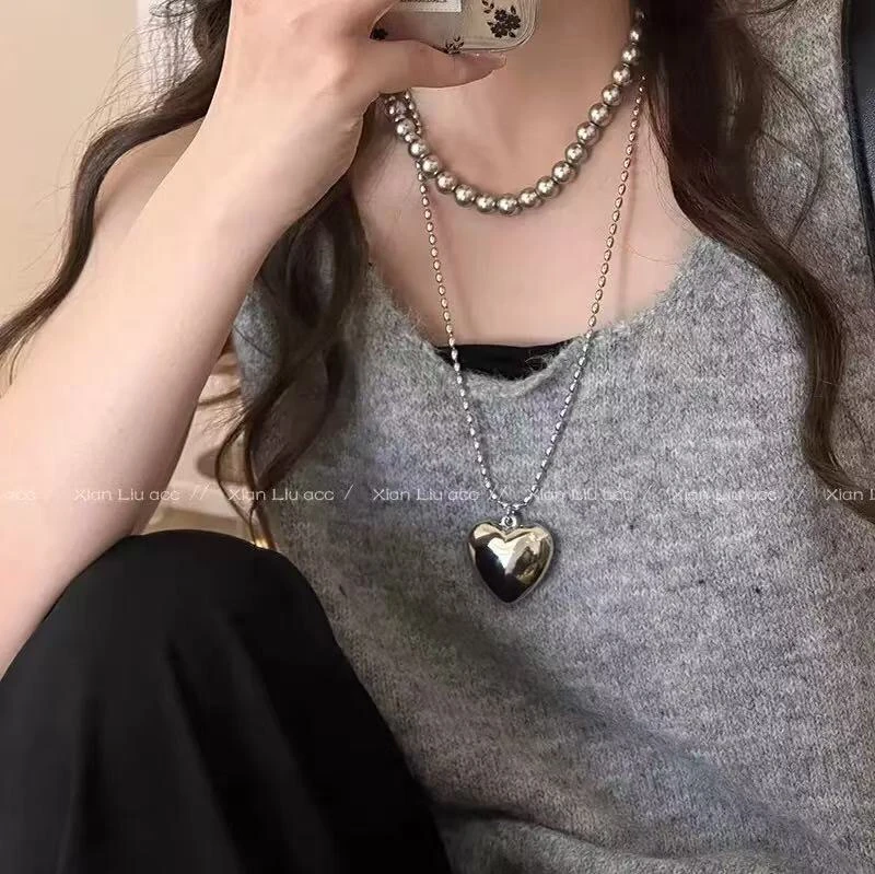 铜合金仿珍珠吊坠 韩国东大门米粒项链空心爱心吊坠灰色精品项链