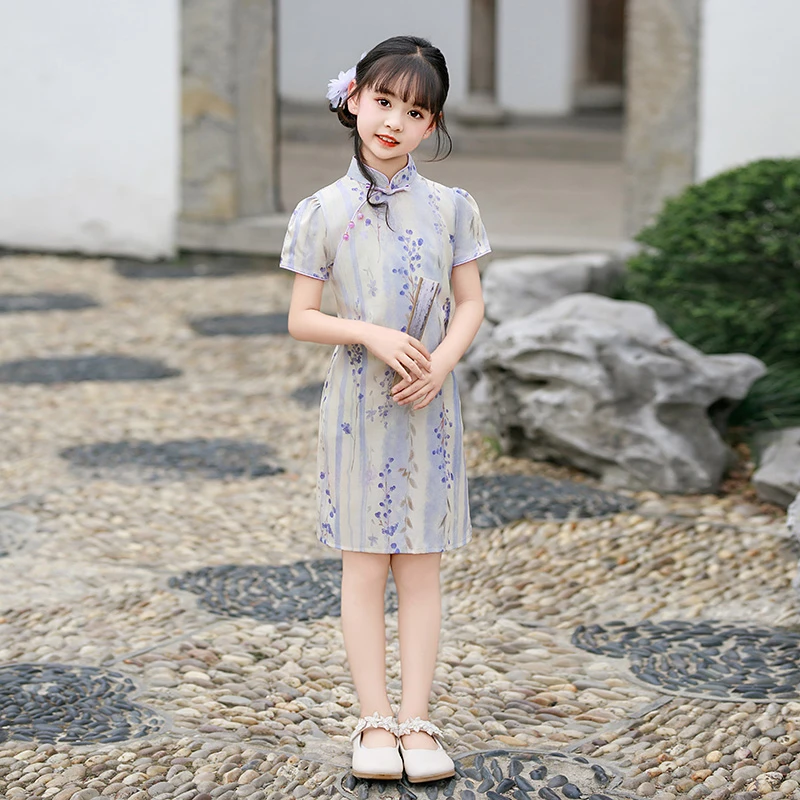 新款紫色女童中国风四季公主裙小女孩旗袍夏装夏季儿童古筝演出服