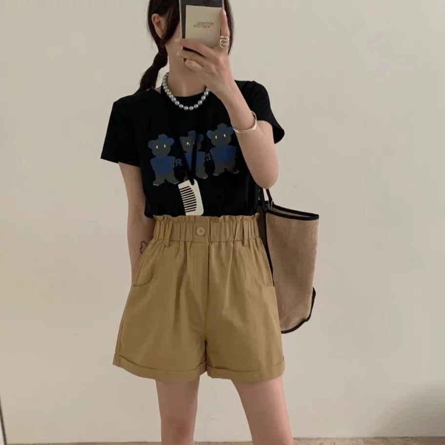 韩系花苞松紧腰休闲短款女2025夏季新款时尚设计感卷边a字阔腿裤
