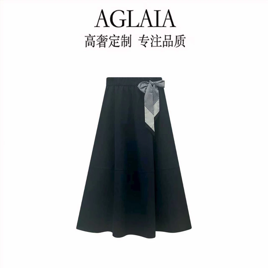 AGLAIA秋季新款法式显瘦气质减龄松紧腰百搭中长款大摆花苞裙8175