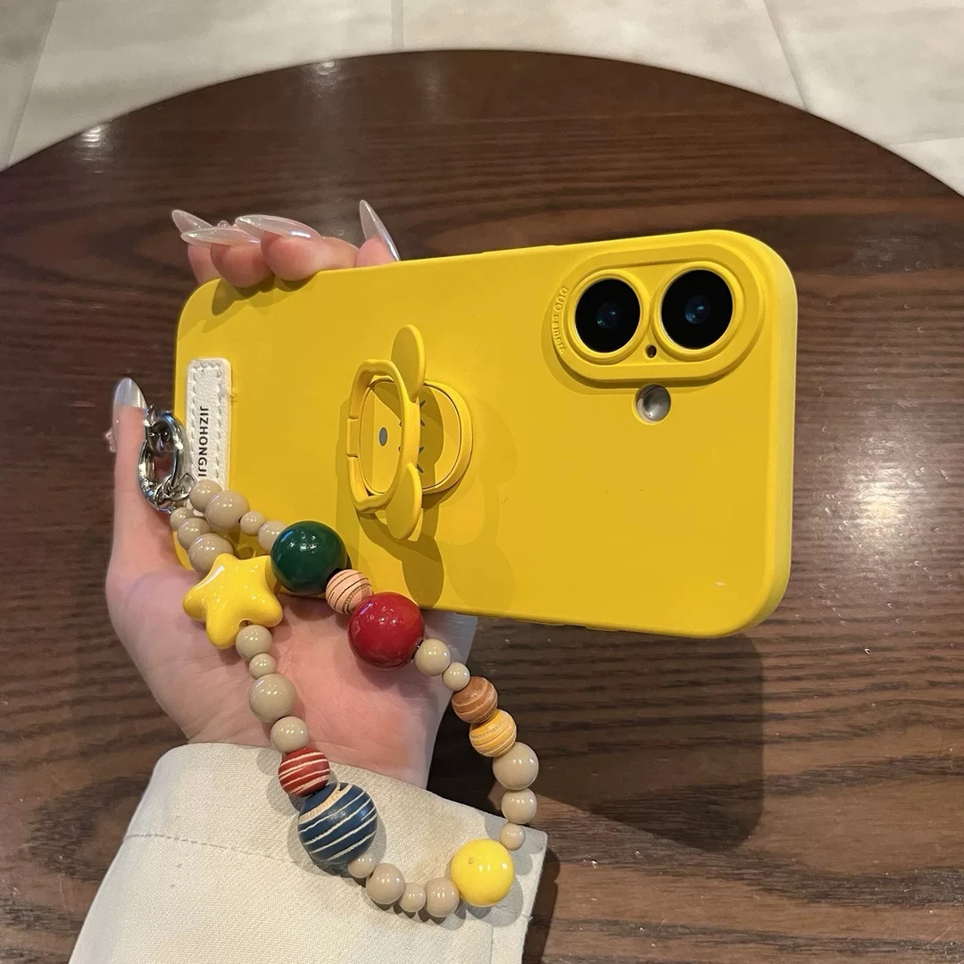 简约液态硅胶黄色熊头支架适用苹果16pro手机壳iPhone15pro防摔14
