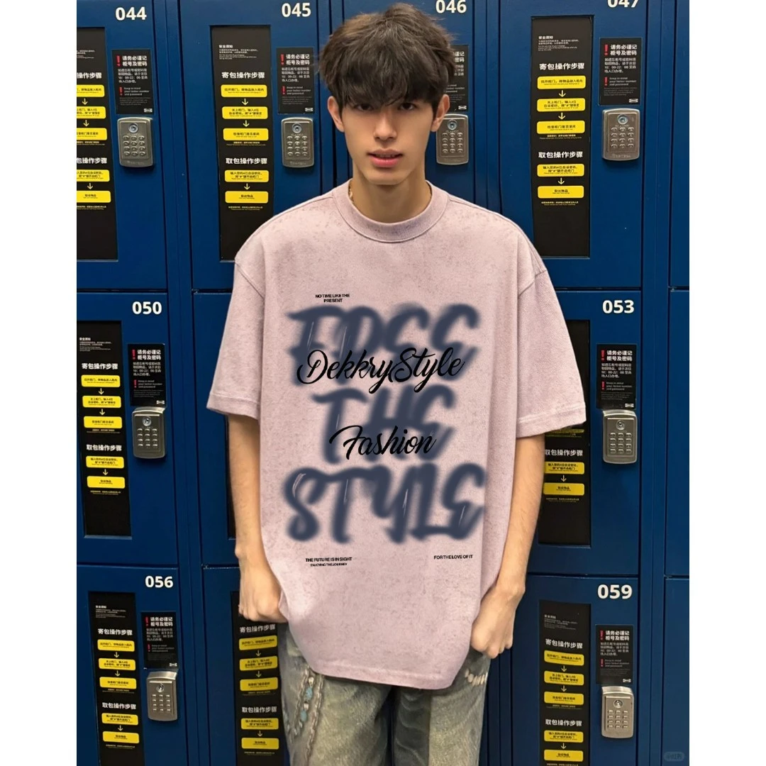 100%纯棉美式复古水洗扎染短袖T恤男夏季潮牌字母印花情侣款上衣