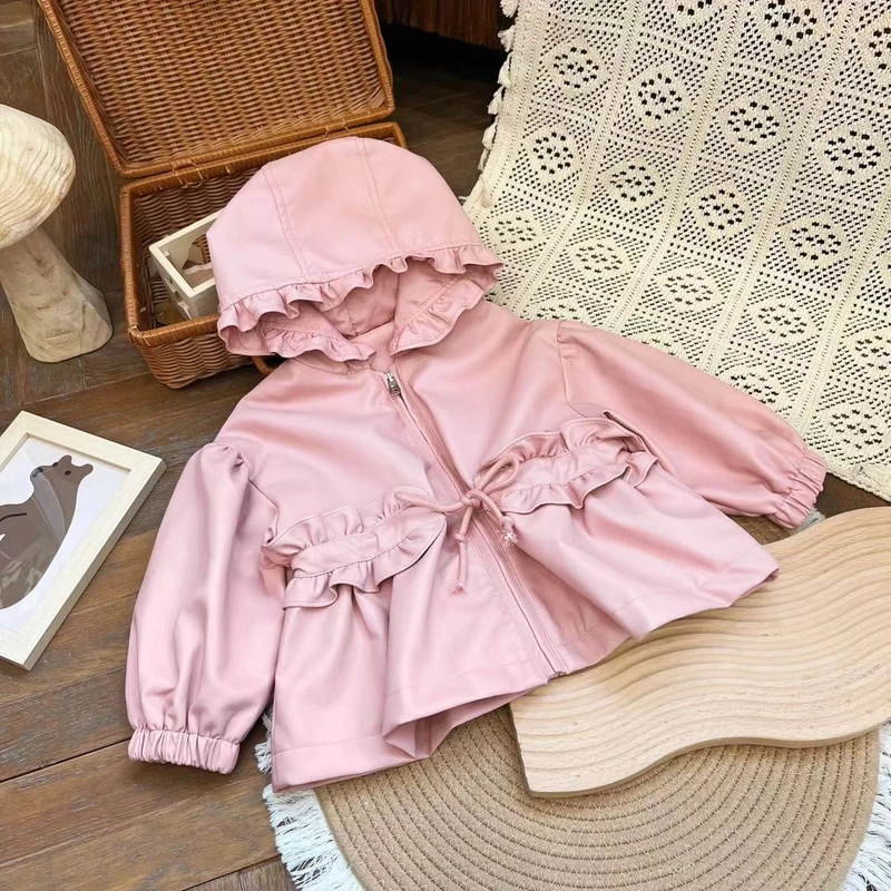 【现货】QW233512春秋新款儿童外套女童连帽宝宝皮衣外套