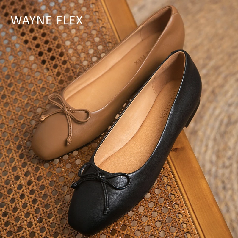 韦恩Wayneflex女鹿皮鞋奶奶鞋鞋软底蝴蝶结浅口舒适平底单鞋1210