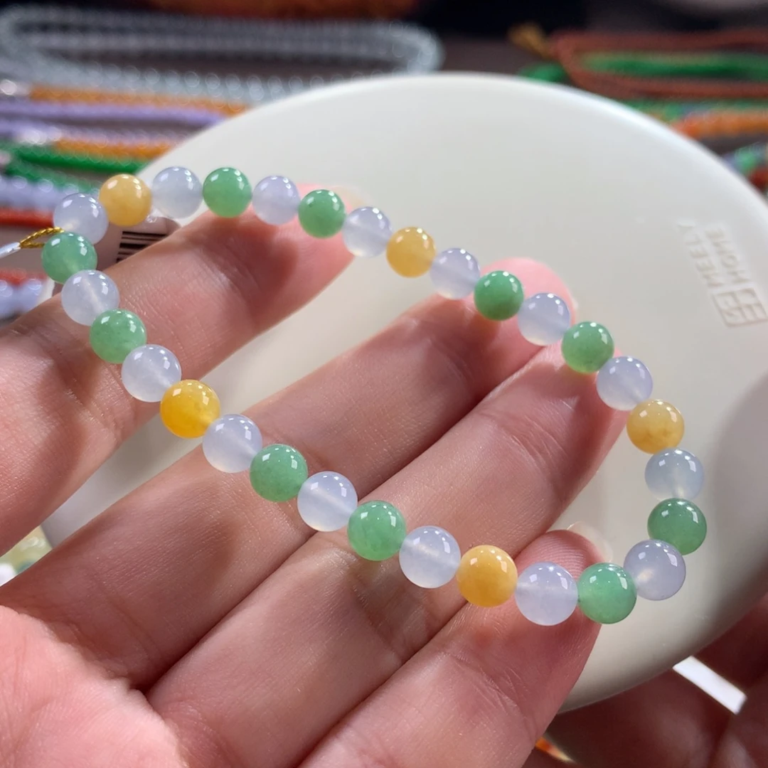 翡翠未镶嵌手链翡翠冰胶底糖果缤纷三彩多宝咖6+