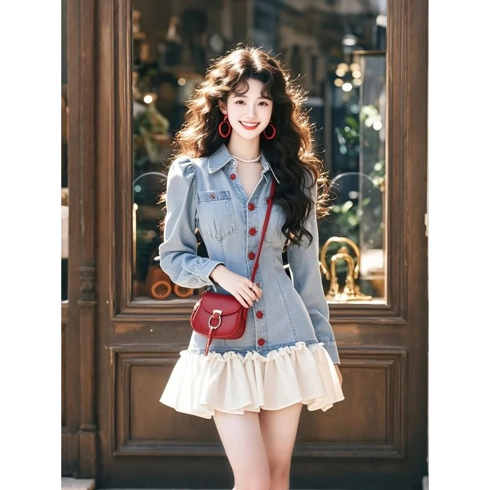 2025秋季新款多巴胺连衣裙穿搭微胖显瘦假两件拼接千金风牛仔短裙