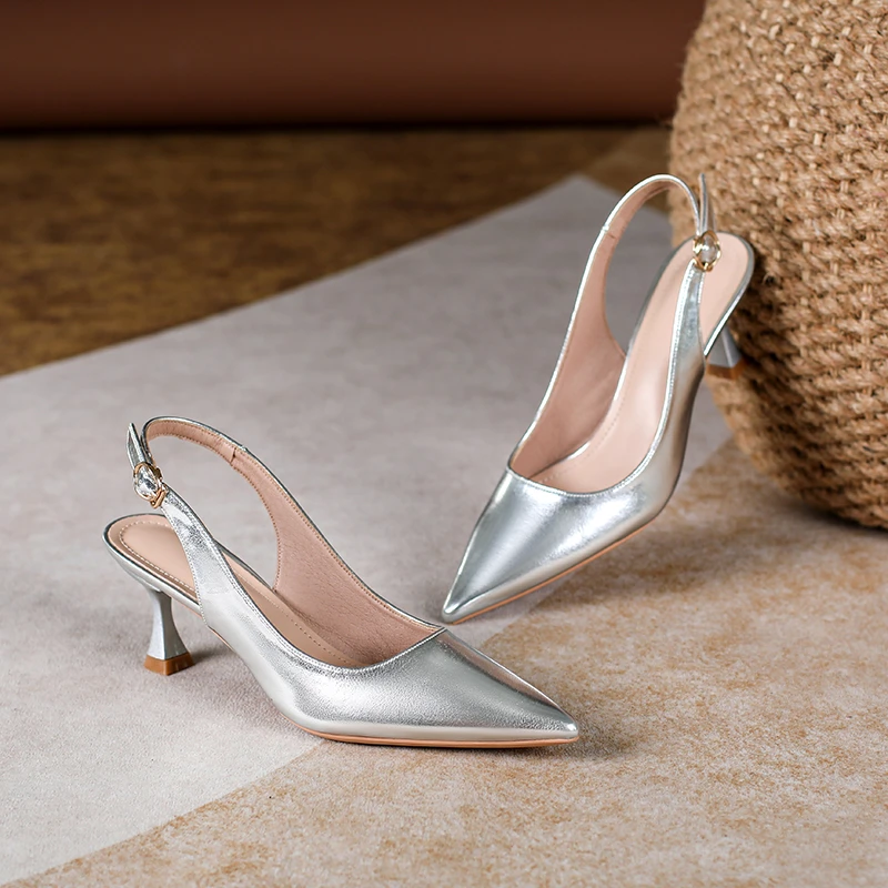 系吻银色包头凉鞋女2025夏新款细跟尖头单鞋法式工作鞋浅口高跟鞋