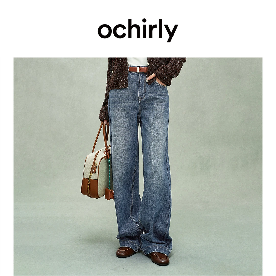 ochirly土耳其牛仔阔腿长裤女秋休闲复古显瘦蓝色直筒裤高腰春秋
