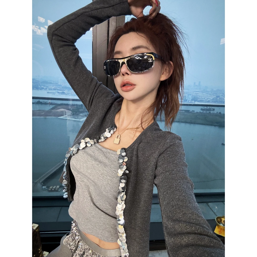 婉君【大亮片开衫】气质长袖短款百搭时尚毛针织衫LWJ25A1C282