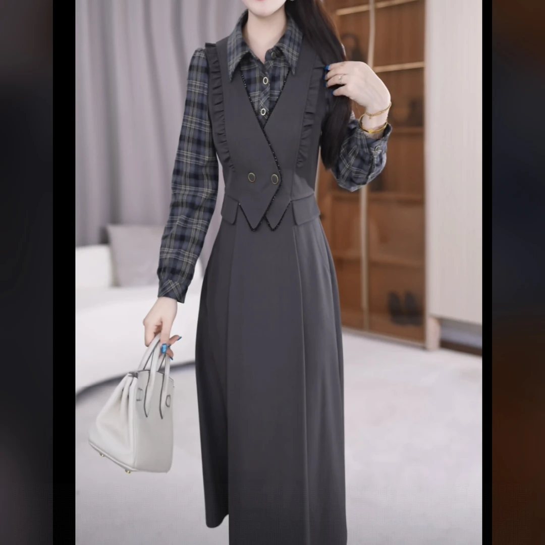 【连衣裙】2025秋季新款时尚优雅气质收腰减龄优雅中长款连衣裙