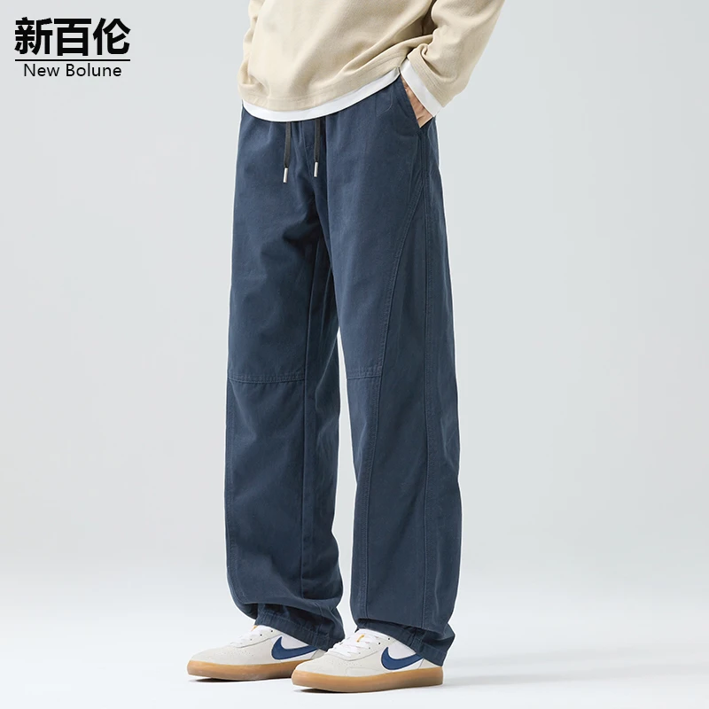 新百伦/NEW BOLUNE美式纯棉休闲裤男秋冬新款加绒拼接宽松直筒裤