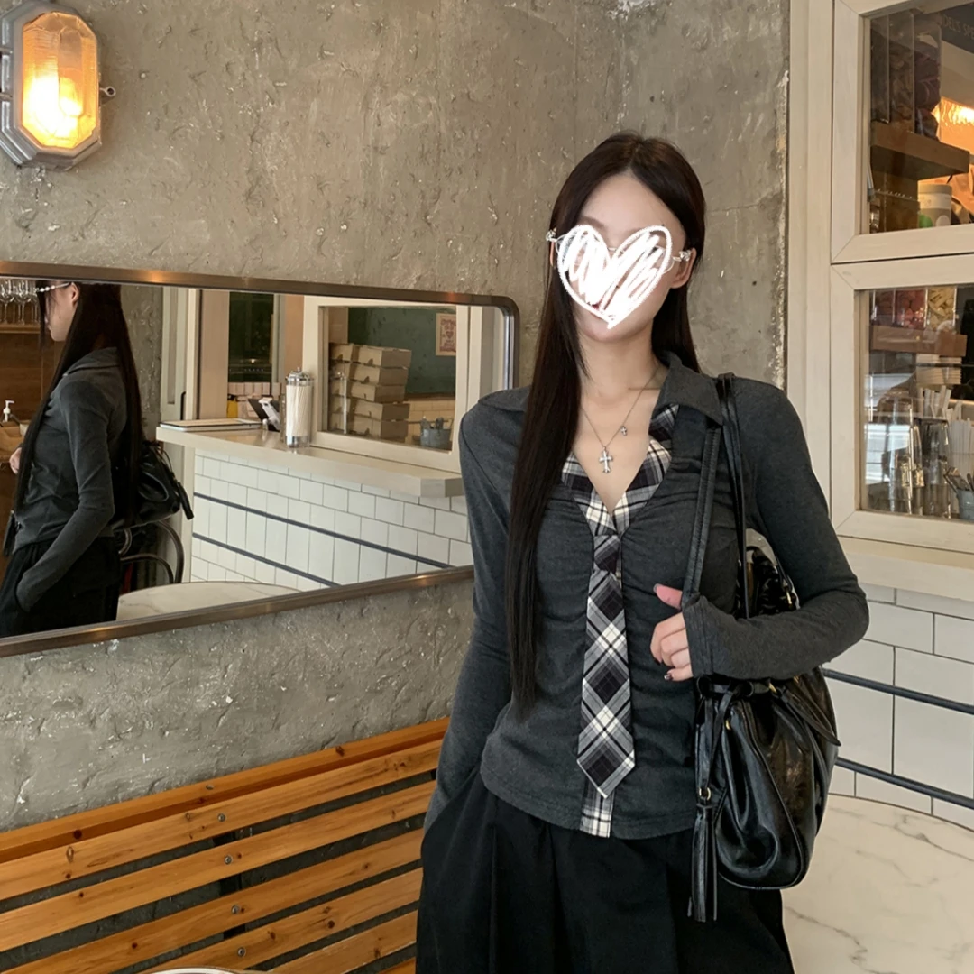 2025早秋新美式褶皱假两件格子领带长袖T恤款辣妹纯欲风修身上衣