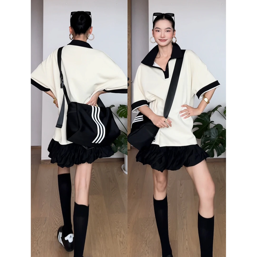 【智感】简约百搭杏色老风POLO领廓形短袖宽松显瘦T恤裙