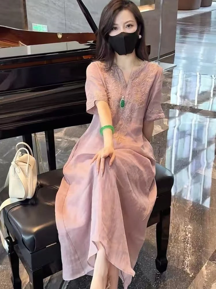 新中式国风印花V领连衣裙女2025夏季新款宽松显瘦休闲气质长裙子