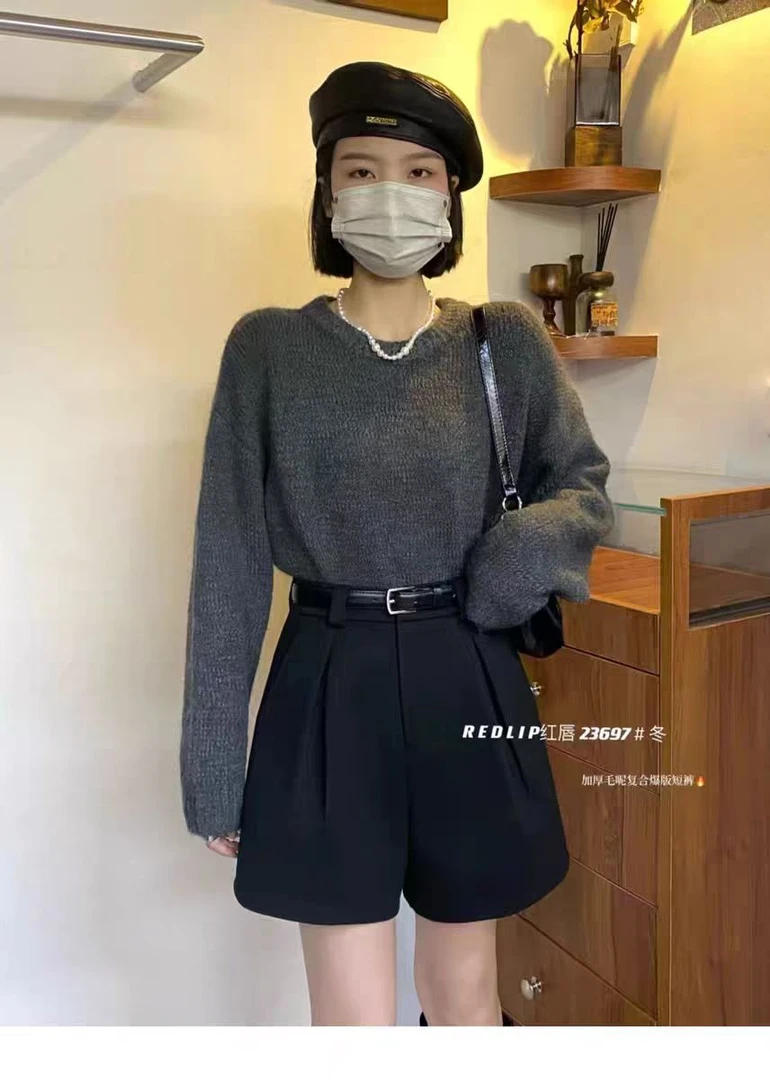 毛呢秋冬新款a字百搭短裤高腰阔腿裤腰带外穿显瘦休闲短裤女口袋