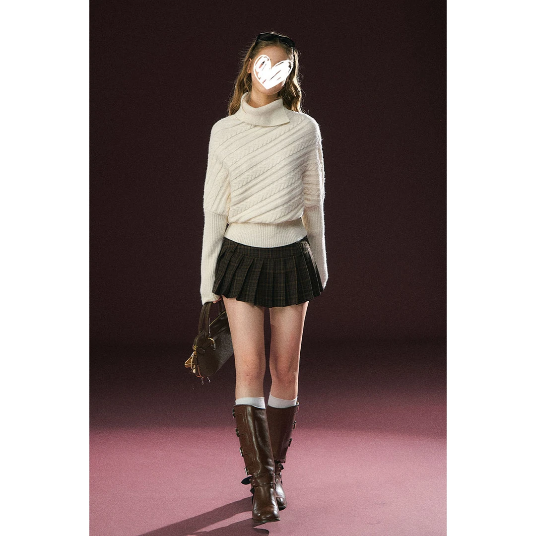 美式复古加厚白色高领针织衫上衣套头毛衣秋冬新款格纹百褶裙套装