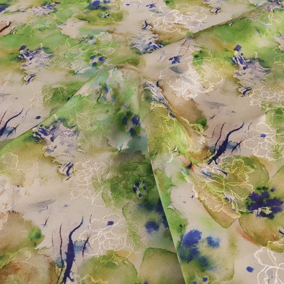 《XYS053春日水彩》植物真丝软缎面料香云纱连衣裙汉服夏季服装面料