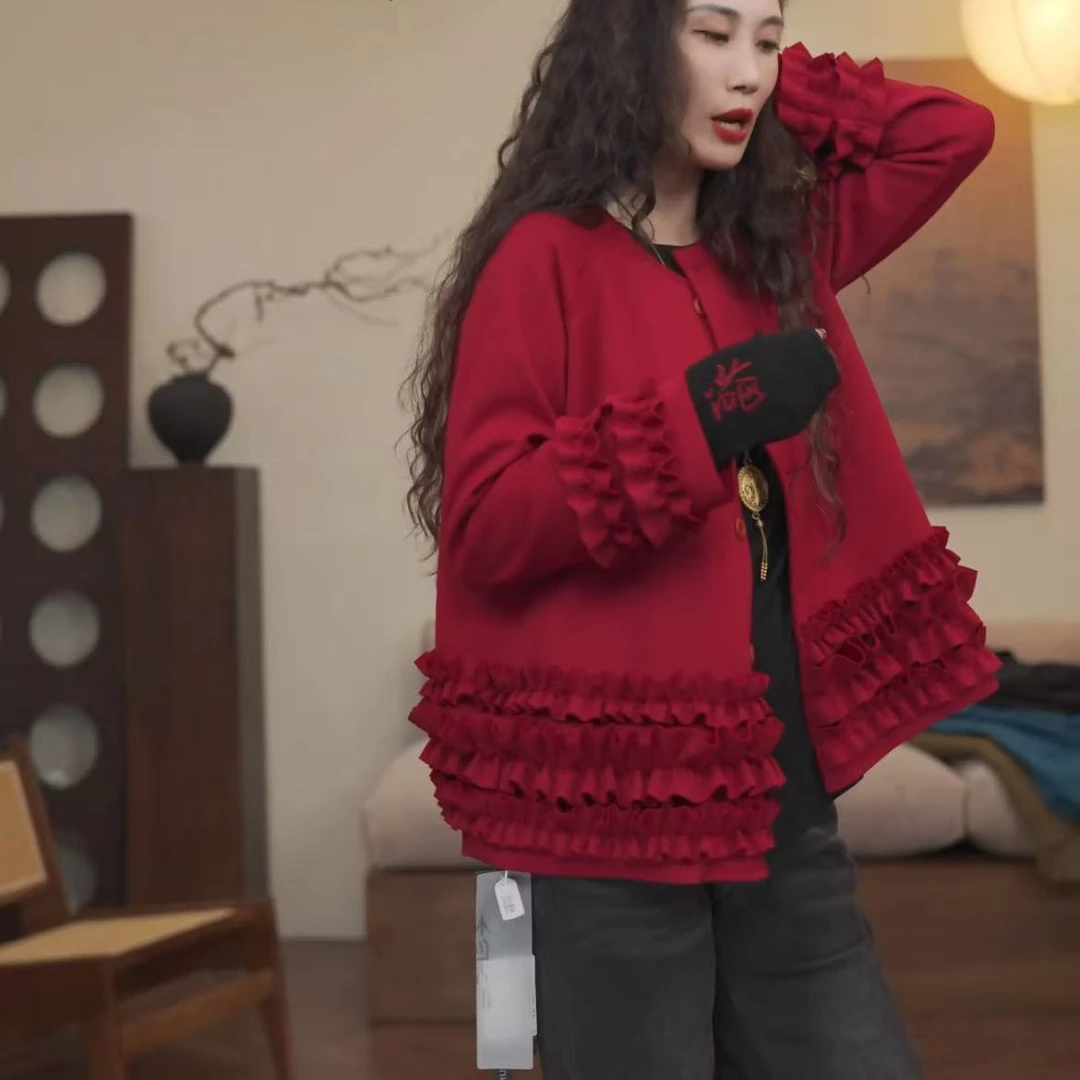 花瓣袖木耳红色洋气纯色拼接女打底短外套秋季