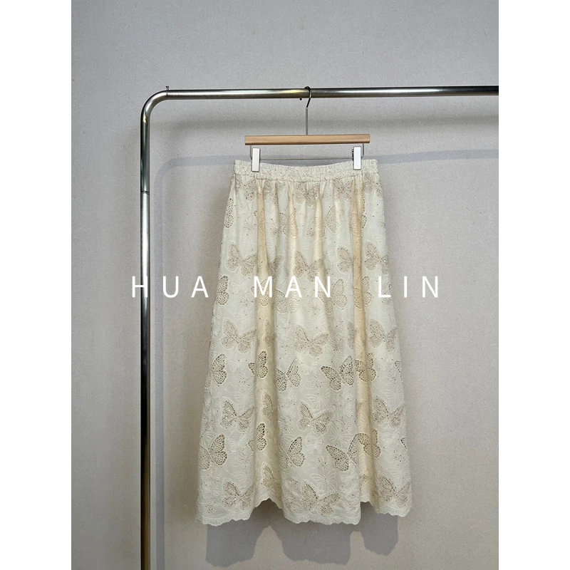 【花满林】全松紧腰镂空刺绣蝴蝶亮片大摆半裙251221