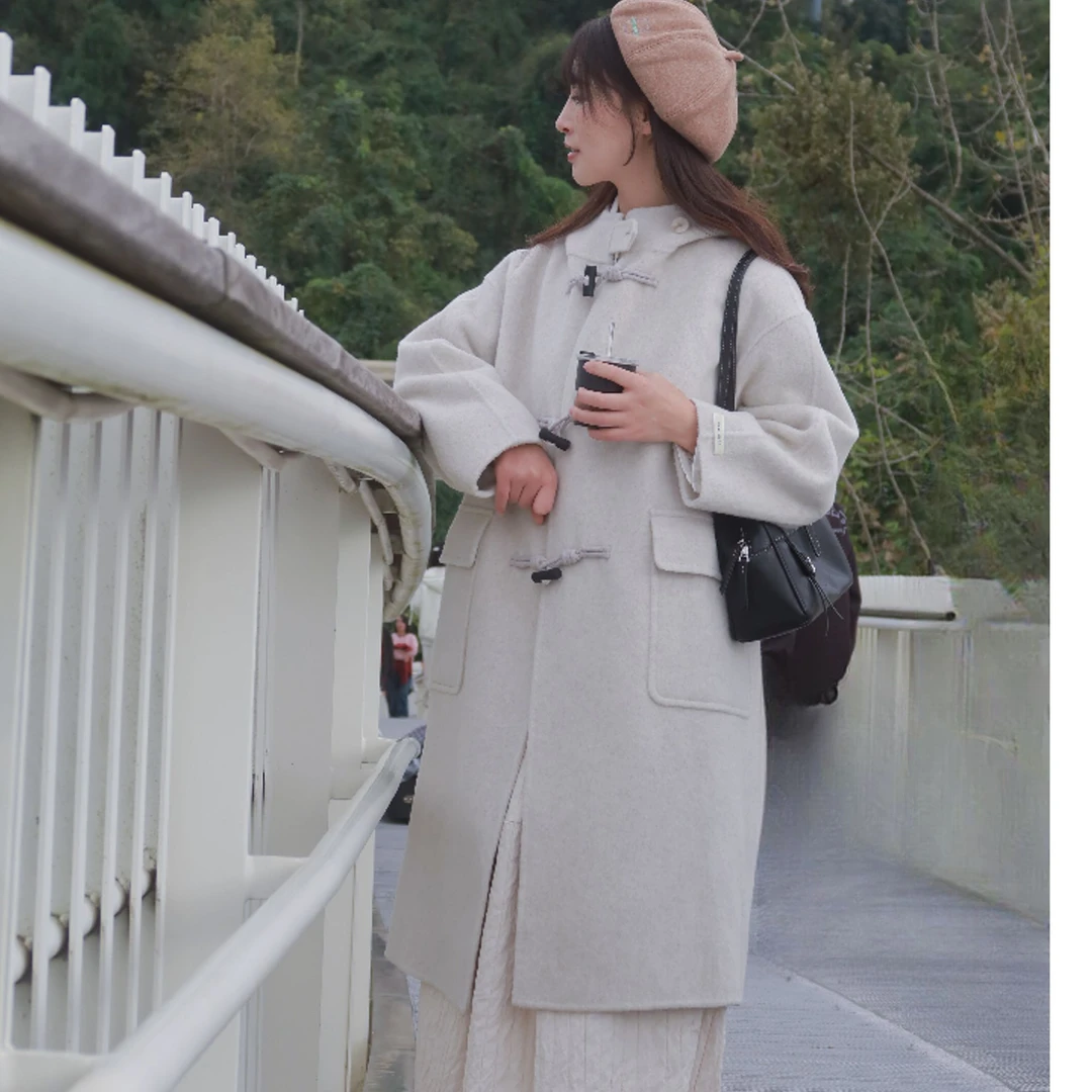 中长款厚款秋冬连帽保暖毛呢外套韩版羊毛呢大衣呢子百搭