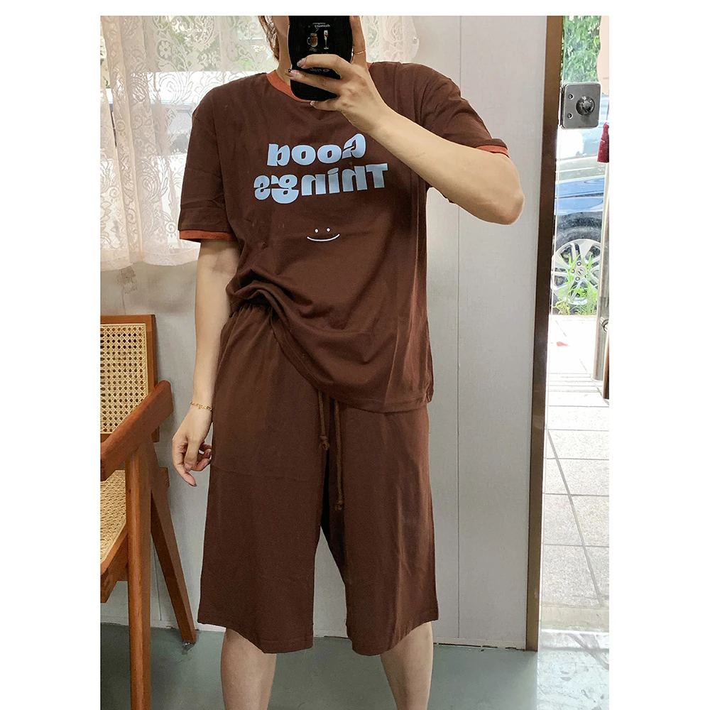 ZR029夏季新款宽松印花圆领短袖松紧腰休闲短裤套装