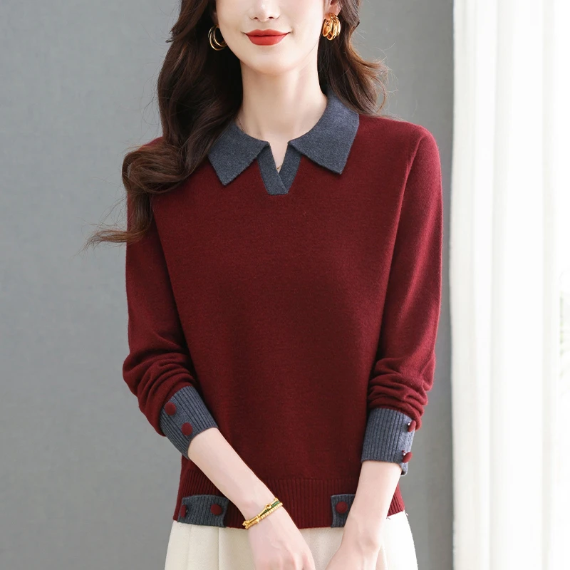 春秋大码撞色Polo领针织衫女宽松遮肉显瘦洋气秋冬红色毛衣打底衫