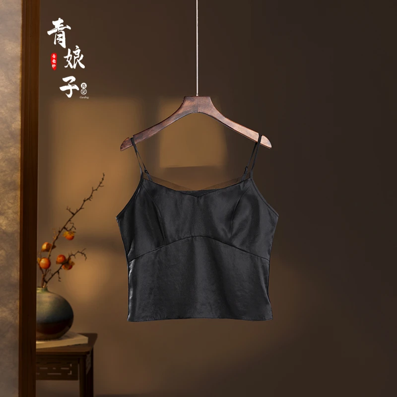 青娘子香云纱（君泽）素绉缎拼接时尚简约百搭吊带背心女-60003