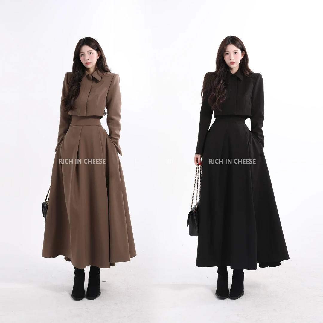 RICHINCHEESE 赫本套装 西装面料气质时尚百搭高腰短款长袖套装