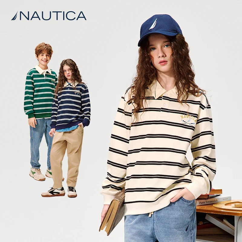 NAUTICA/诺帝卡童装 翻领卫衣春秋季条纹长袖POLO衫上衣