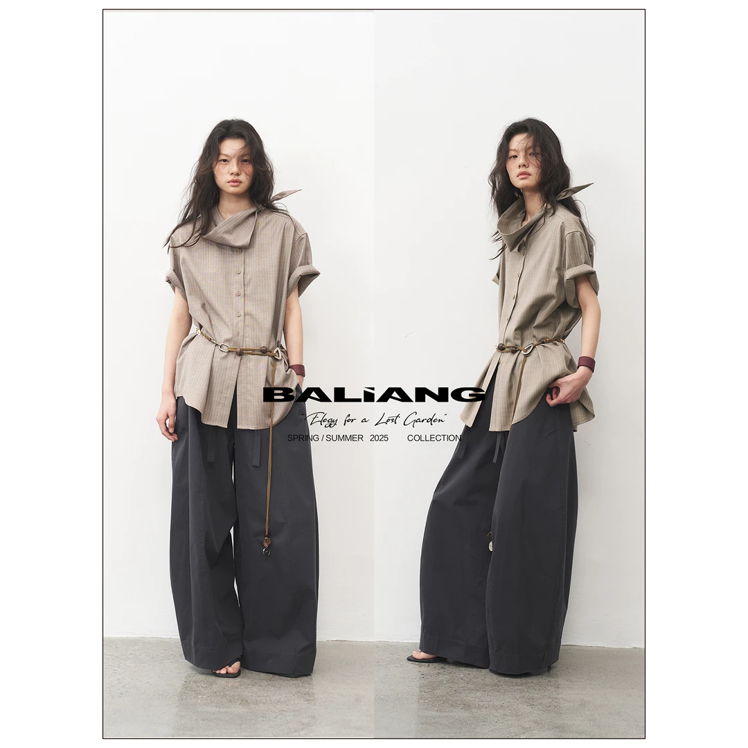 BALIANG「捌樑」寥'Voice'暗条纹混纺垂感荡领串珠落肩短袖衬衫