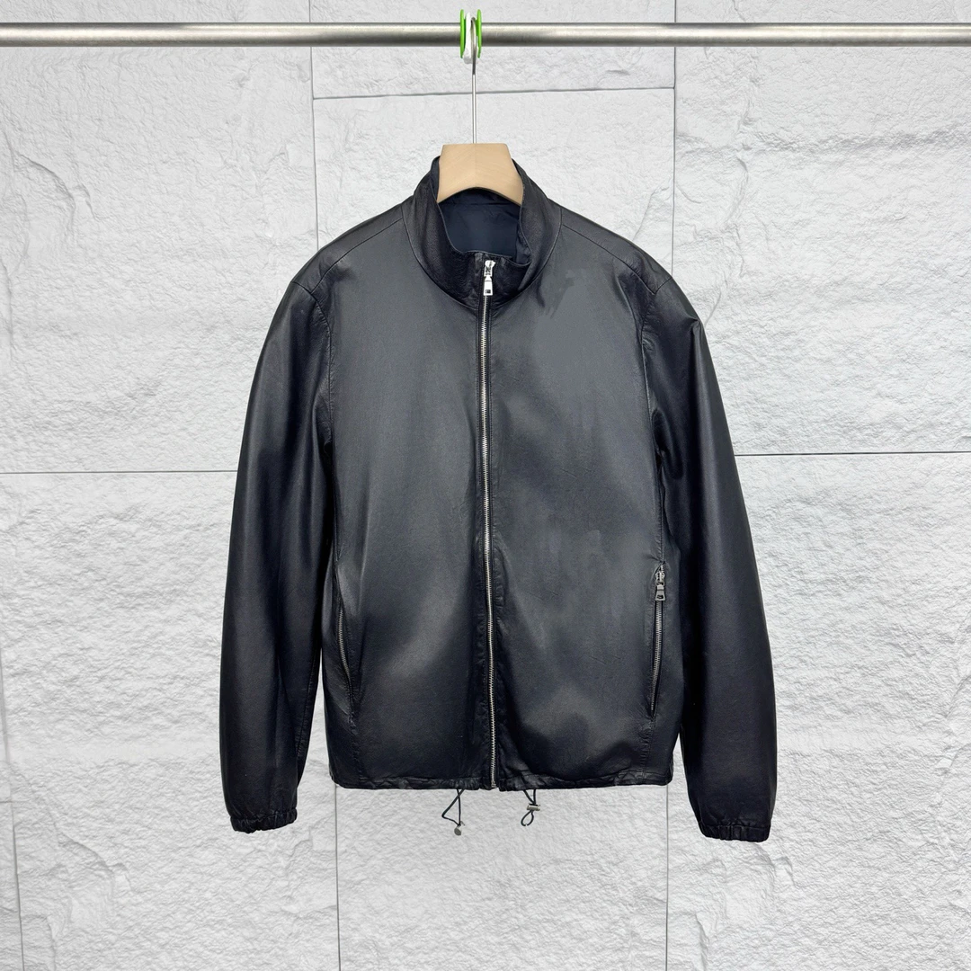 99新 Prada/普拉达 50码/双面可穿立领拉链皮衣/13349007