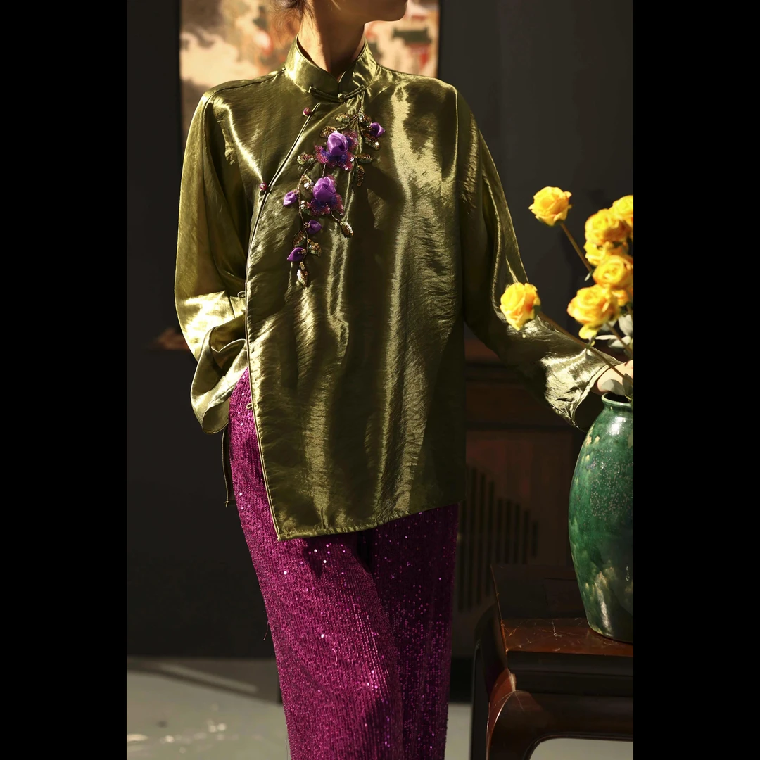 【澜·玉】XM春夏季新中式国风莱赛尔立领重工钉珠明制斜襟女士上衣