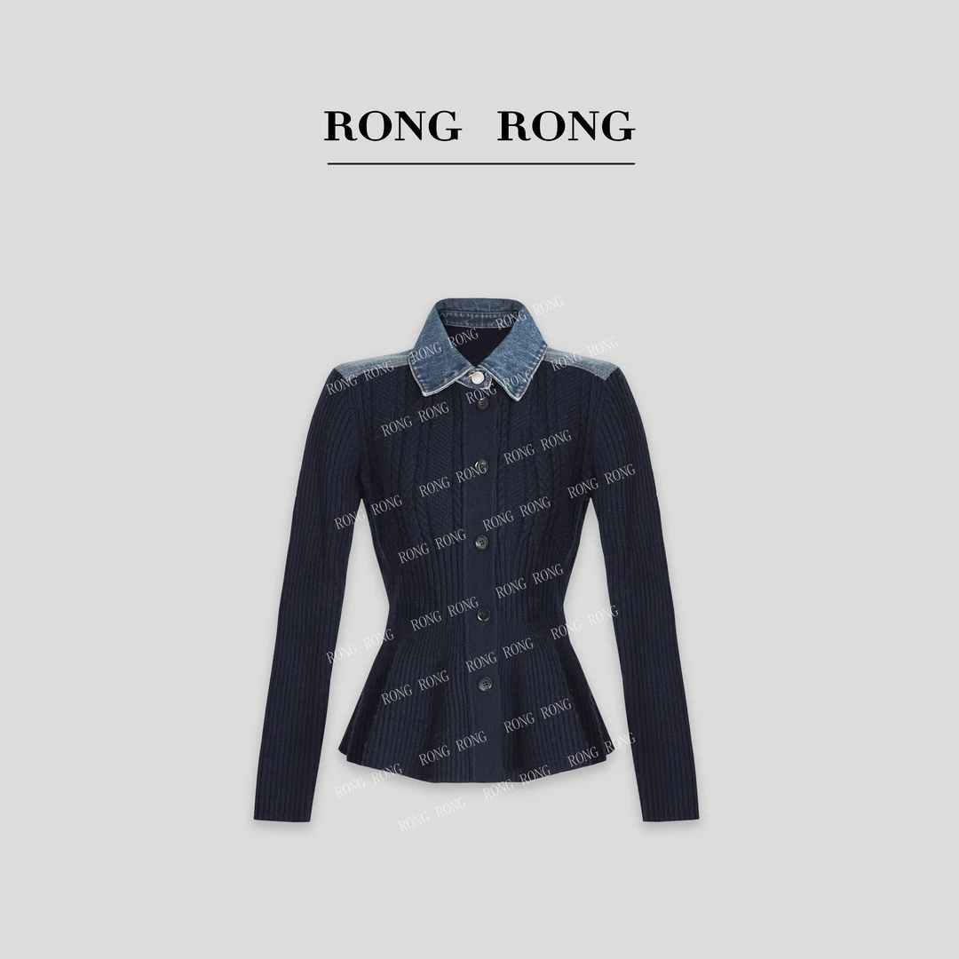 溶溶【宝蓝幽墨】RONGRONG  牛仔拼接设计感轻奢显瘦针织衫 CA37394