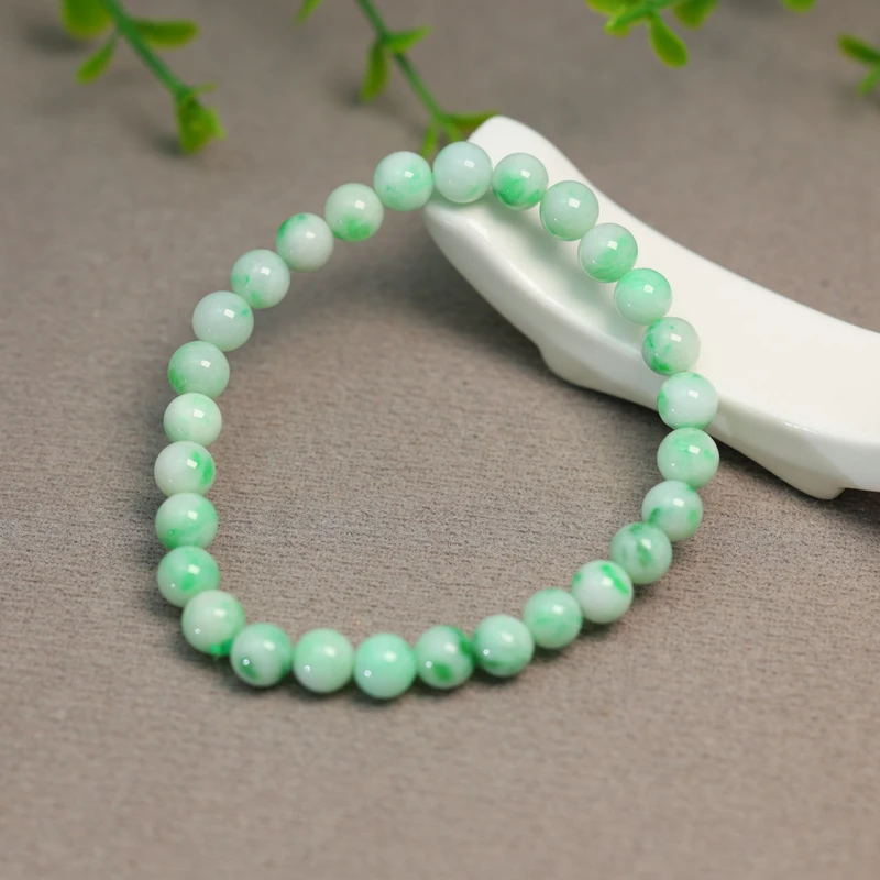 #J492一串白底飘阳绿天然A货翡翠素面圆形珠子手串手链