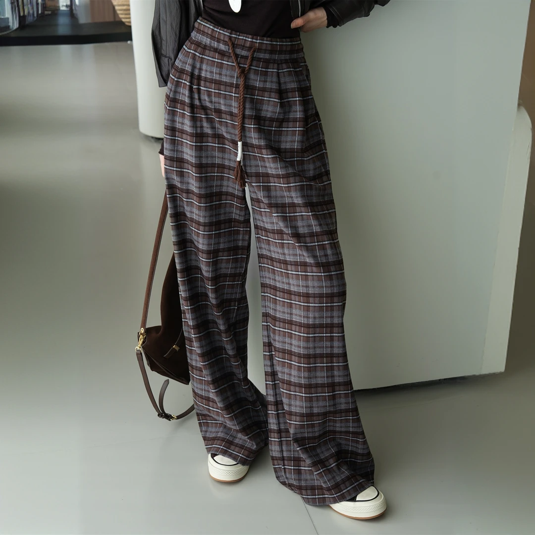 POPULARYW【西雅图】Z·R上品屋 美拉德松紧腰抽绳格子慵懒阔腿裤