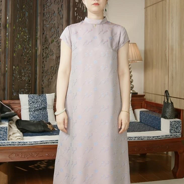 品叔&精工 ·桑蚕丝色织提花异色罗立领新中式连衣裙