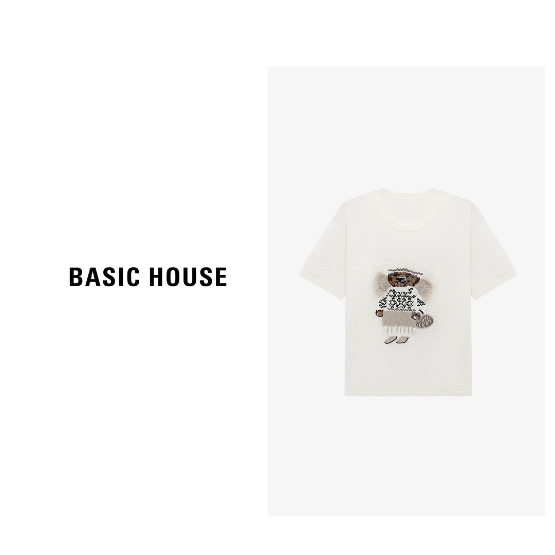 Basic House/百家好春季新款时尚百搭刺绣短袖针织衫-B0625B58792